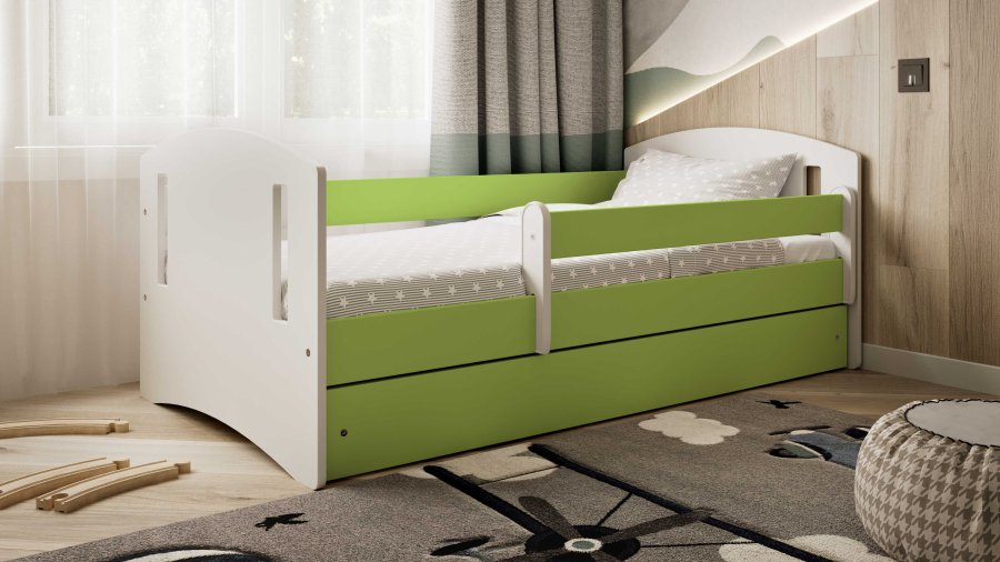 Classic 2 Juniorbett, mit Matratze, Bettgitter, Schublade - weiß-grünes Laminat und MDF (180x80)