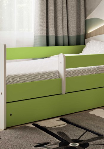 Classic 2 Juniorbett, mit Matratze, Bettgitter, Schublade - weiß-grünes Laminat und MDF (140x80)