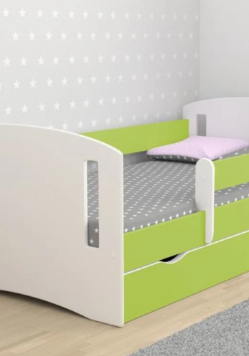 Classic 2 Juniorbett, mit Matratze, Bettgitter, Schublade - weiß-grünes Laminat und MDF (160x80)