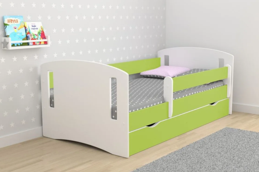 Classic 2 Juniorbett, mit Matratze, Bettgitter, Schublade - weiß-grünes Laminat und MDF (160x80)
