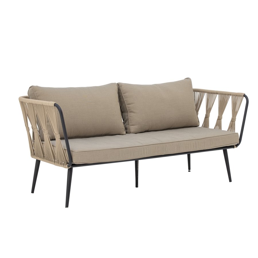 BLOOMINGVILLE Pavone Gartensofa, mit beige-braunen Kissen – hellbraunes Polyesterseil und schwarzes Metall