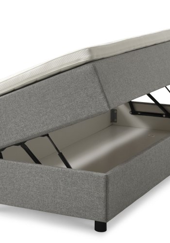 Space Dreams sengebunn, m. oppbevaring, m. overmadrass - lysegr stoff og sort tre (200x160)