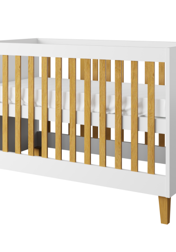 Kubi barneseng for baby, uten madrass - hvit laminat og naturlig eik (120x60)