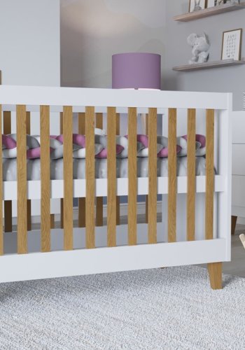 Kubi barneseng for baby, uten madrass - hvit laminat og naturlig eik (120x60)