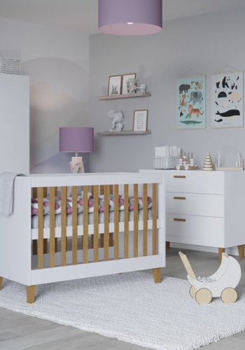 Kubi barneseng for baby, uten madrass - hvit laminat og naturlig eik (120x60)