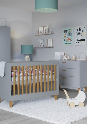 Kubi barneseng for baby, uten madrass - gr laminat og naturlig eik (120x60)