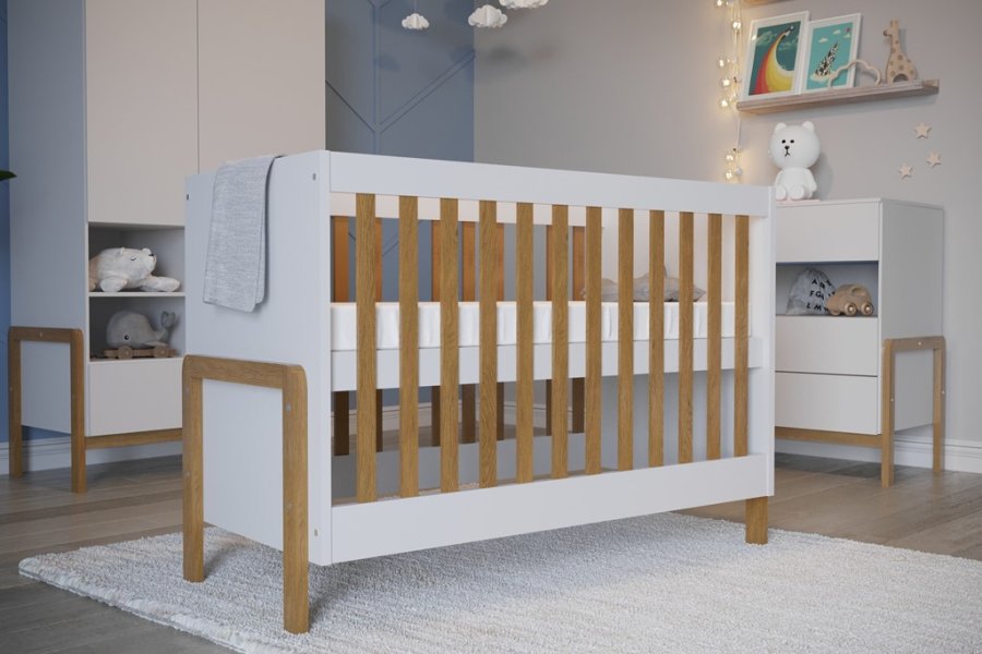 Victor sprinkelseng for baby, uten madrass - hvit laminat og naturlig eik (120x60)