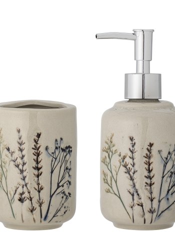 BLOOMINGVILLE Bea Seifenspender-Set, Natur, Steingut, 2er-Set, T8xH11/T8xB18 cm