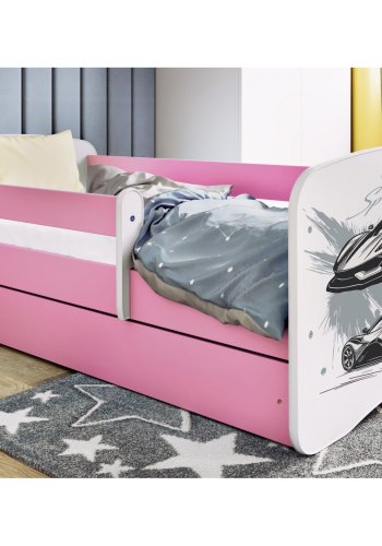 KOCOT KIDS Seng babydreams rosa sportsbil med skuff med ikke-brennbar madrass 160/80