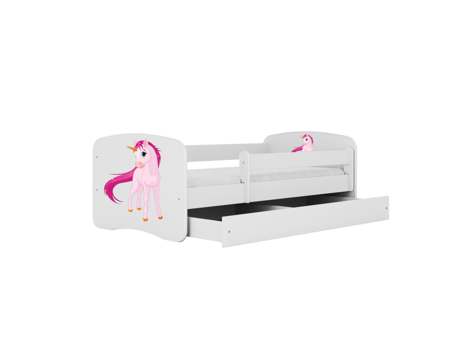 Babydreams juniorseng med enhjrning, med madrass, sengehest og skuff - hvit laminat (180x80)