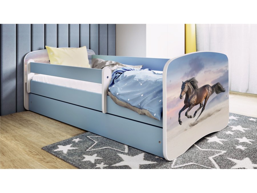 KOCOT KIDS Bett babydreams blaues galoppierendes Pferd ohne Schublade mit Matratze 160/80