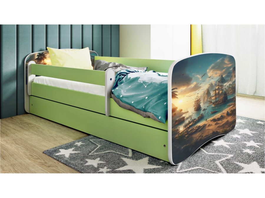 KOCOT KIDS Bett babydreams grünes Schiff mit Schublade mit Matratze 180/80