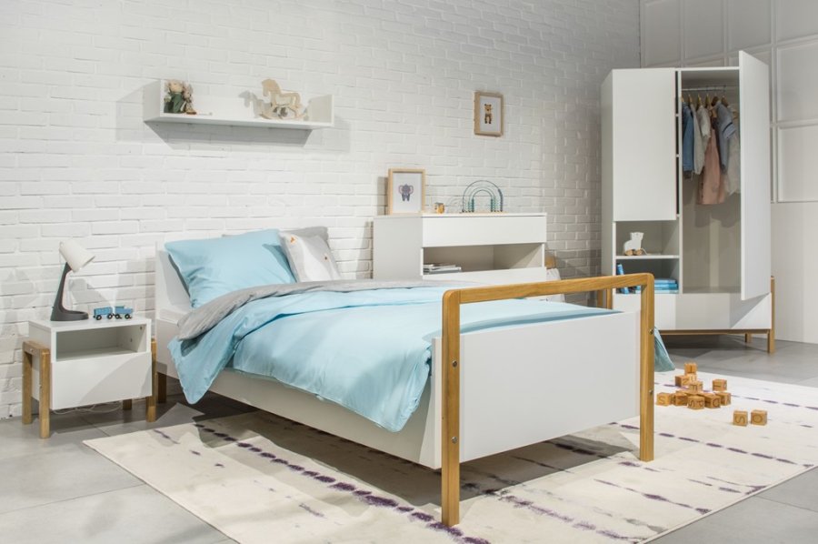 Victor juniorseng, inkl. lamellbunn, uten madrass - hvit laminat og naturlig eik (180x80)