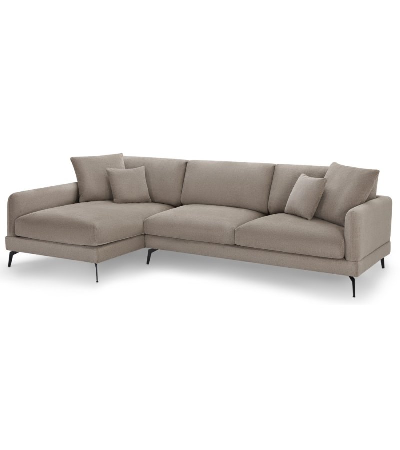 Maggie sofa, med venstre sjeselong og 4 pynteputer - brunt stoff og sort metall