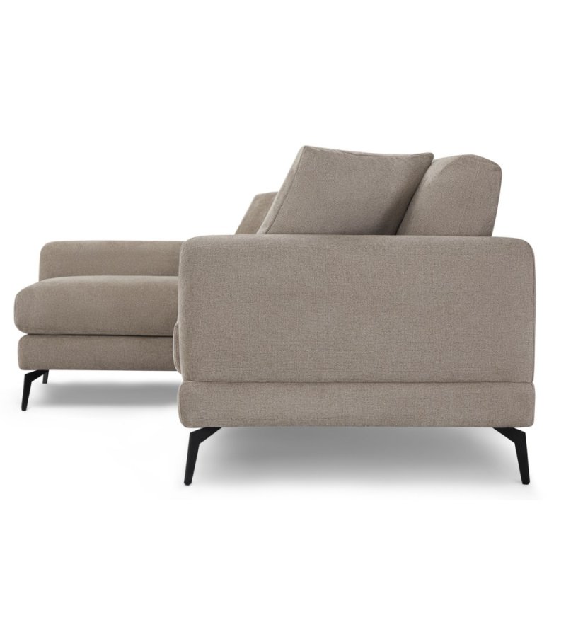 Maggie sofa, med venstre sjeselong og 4 pynteputer - brunt stoff og sort metall