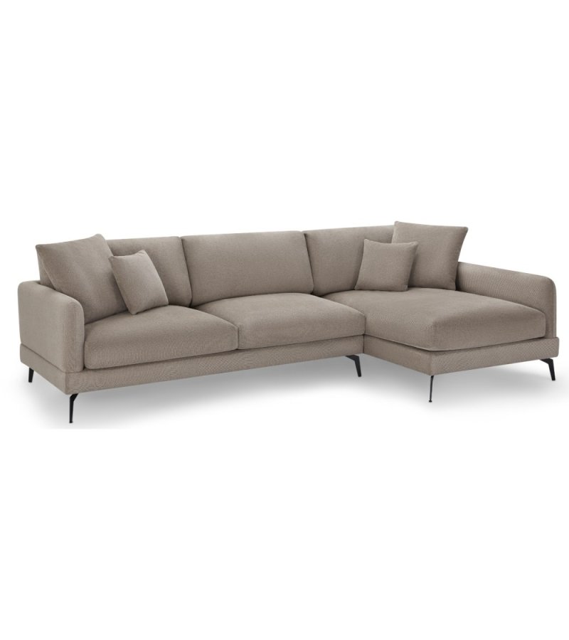 Maggie sofa, m. hjre chaiselong og 4 pyntepuder - brun stof og sort metal