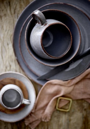 BLOOMINGVILLE Sandrine Frhstcksset, Grau, Steingut (C:D8,5xH8/B:D15xH8/P:D22xH2, Set mit 4x3 Teilen)