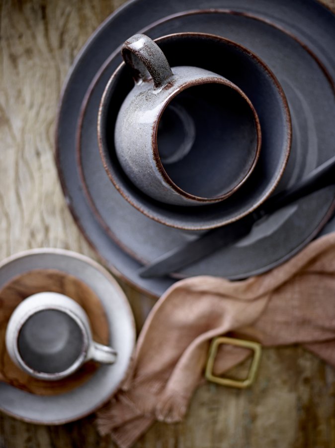 BLOOMINGVILLE Sandrine Frhstcksset, Grau, Steingut (C:D8,5xH8/B:D15xH8/P:D22xH2, Set mit 4x3 Teilen)