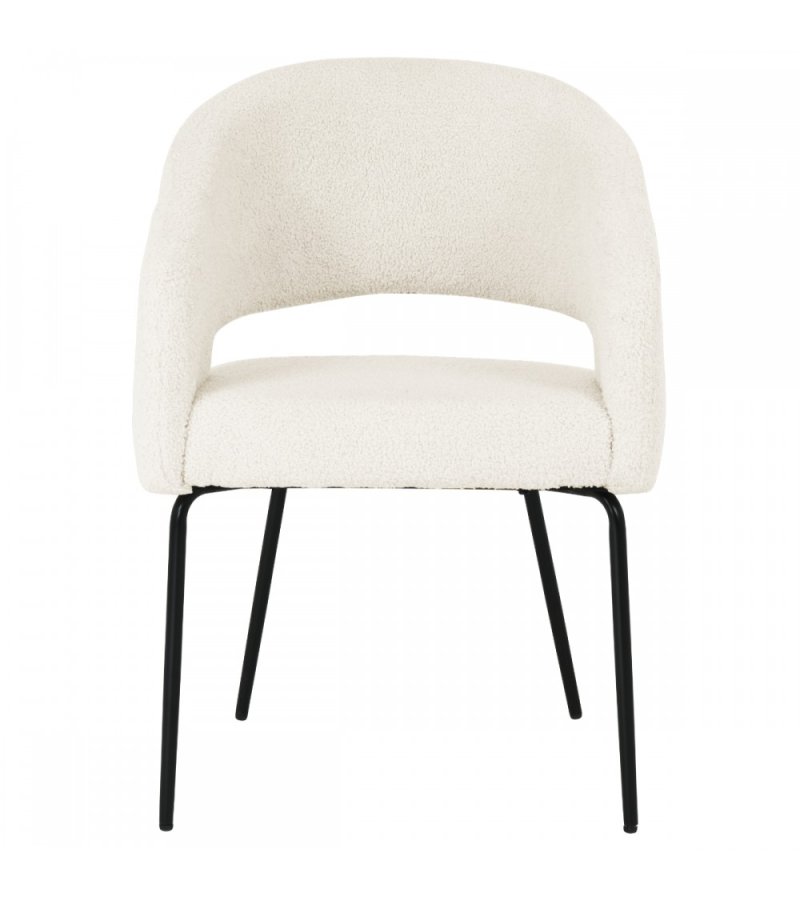 Natalie spisebordsstol, med armlener - hvitt boucléstoff og sort metall
