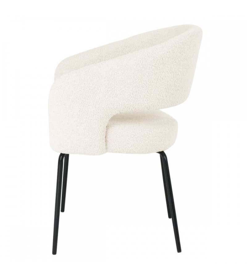 Natalie spisebordsstol, med armlener - hvitt boucléstoff og sort metall