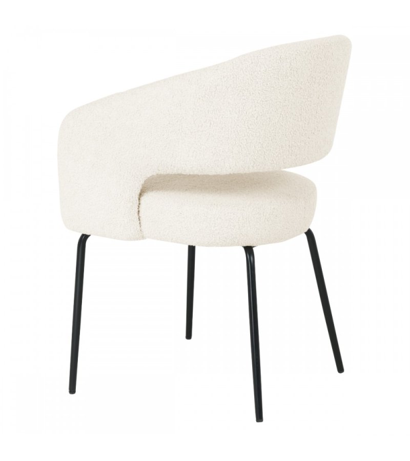 Natalie spisebordsstol, med armlener - hvitt boucléstoff og sort metall