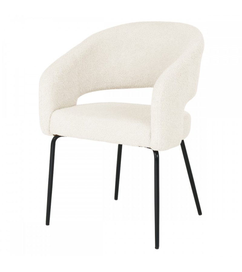 Natalie spisebordsstol, med armlener - hvitt boucléstoff og sort metall