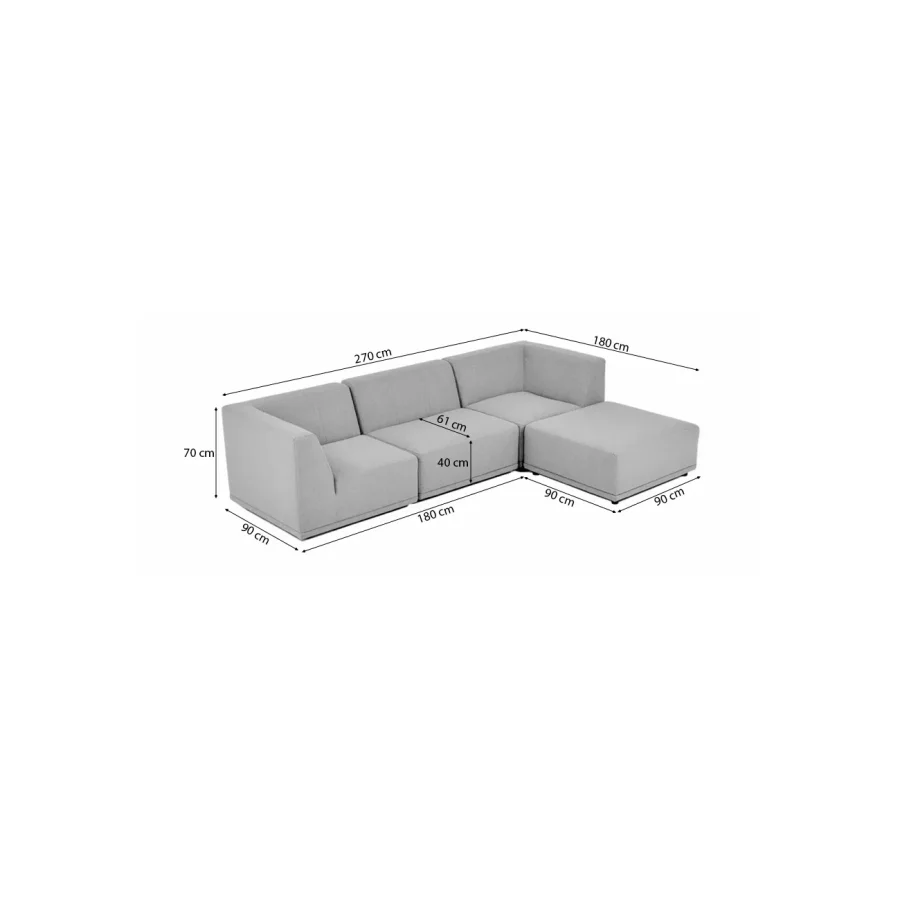 New York chaiselongsofa (fire moduler) - lysegr polyester stof og sort plastik