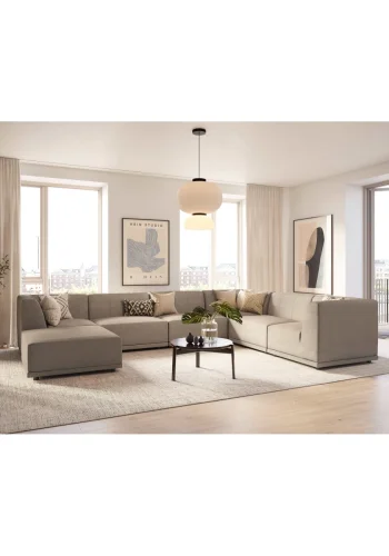 New York hjrnesofa med puf (syv moduler) - lysegr polyester stof og sort plastik