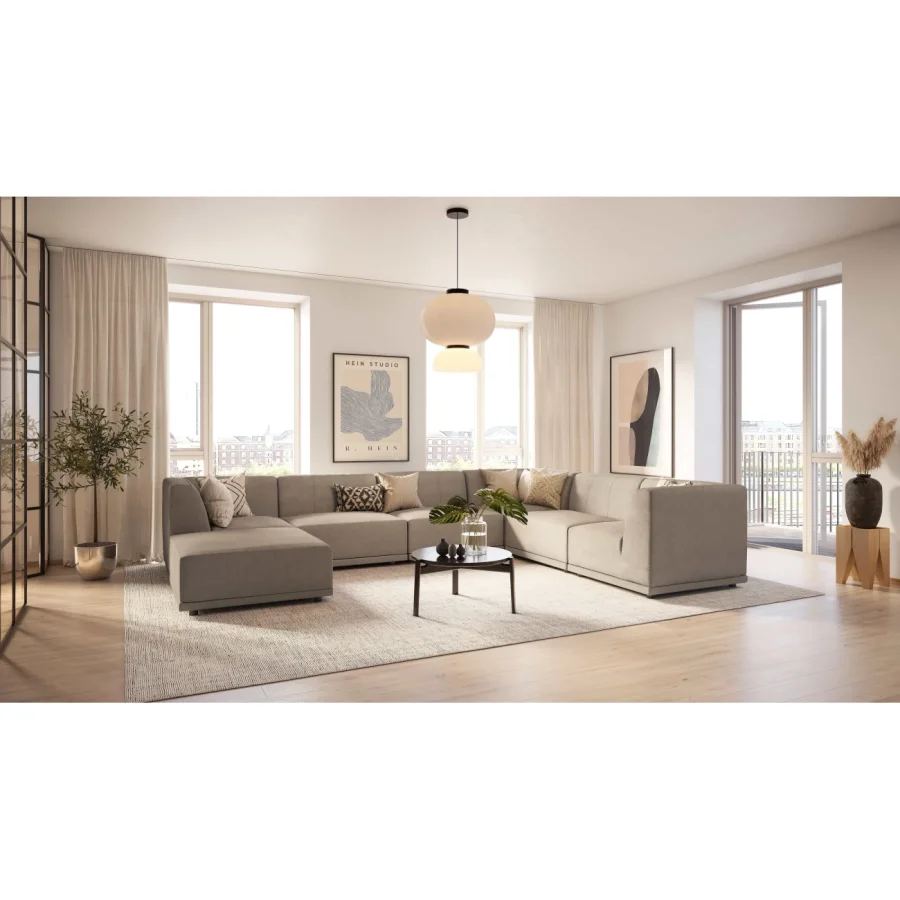 New York hjrnesofa med puf (syv moduler) - lysegr polyester stof og sort plastik