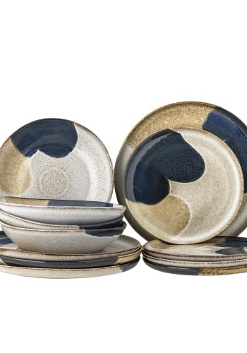 BLOOMINGVILLE Jules Geschirrset, Grau, Steingut (T:T22xH5/P:T22xH2/P:T28,5xH2, Set mit 4x3 Teilen)