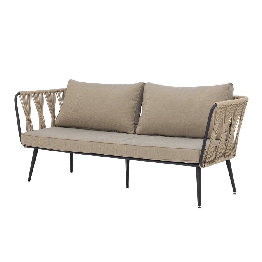 BLOOMINGVILLE Pavone Gartensofa, mit beige-braunen Kissen – hellbraunes Polyesterseil und schwarzes Metall