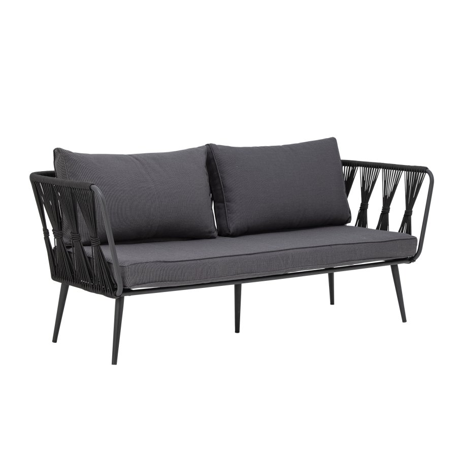 BLOOMINGVILLE Pavone Gartensofa, mit Armlehnen und dunkelgrauen Kissen – schwarzes Polyesterseil und schwarzes Metall