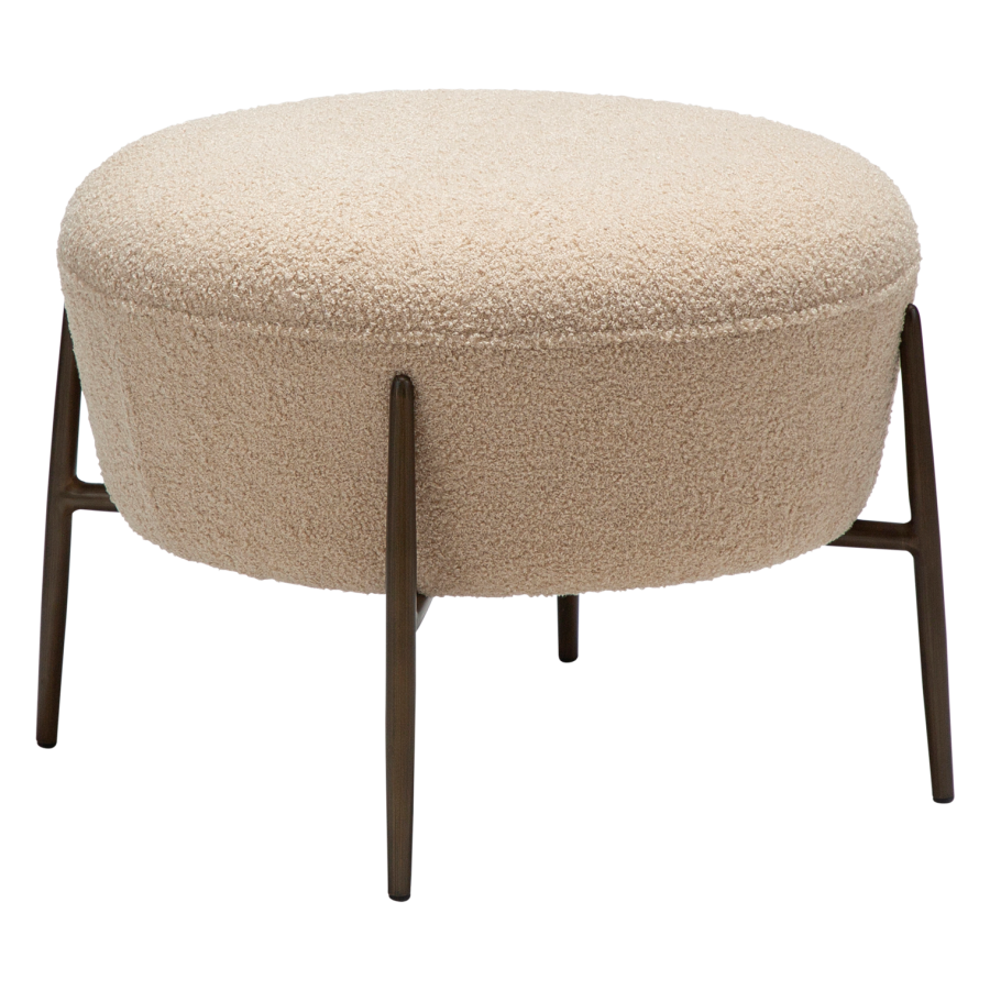 DANFORM Orbit fodskammel, rund - matteret mandel RPES bouclstof m. glimmer og antik messing stl