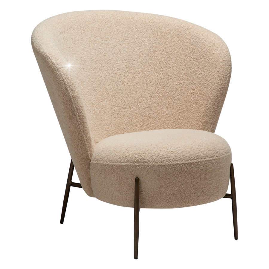 DANFORM Orbit Loungesessel - matt mandelfarbener RPES-Bouclé-Stoff mit Glimmer und antikem Messingstahl