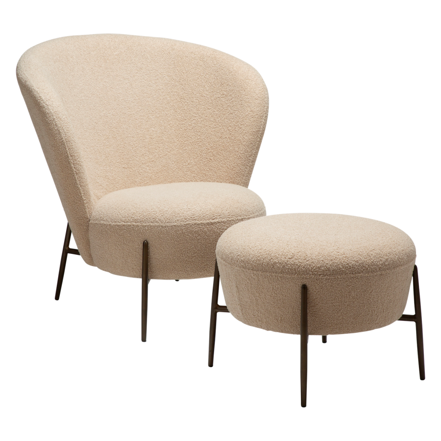 DANFORM Orbit Loungesessel - matt mandelfarbener RPES-Bouclé-Stoff mit Glimmer und antikem Messingstahl