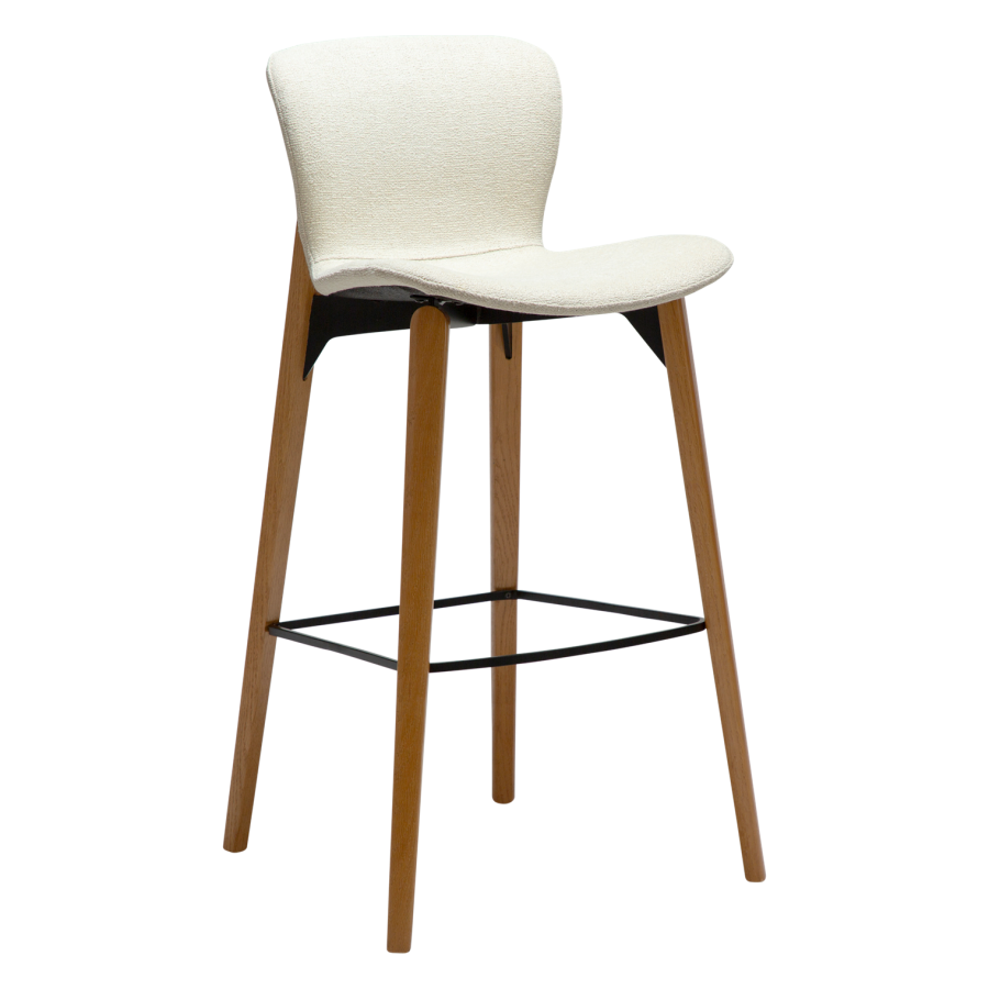 DANFORM Paragon Barhocker, mit Rückenlehne und Fußstütze – cremefarbener Bouclé-Stoff und braunes Eschenholz
