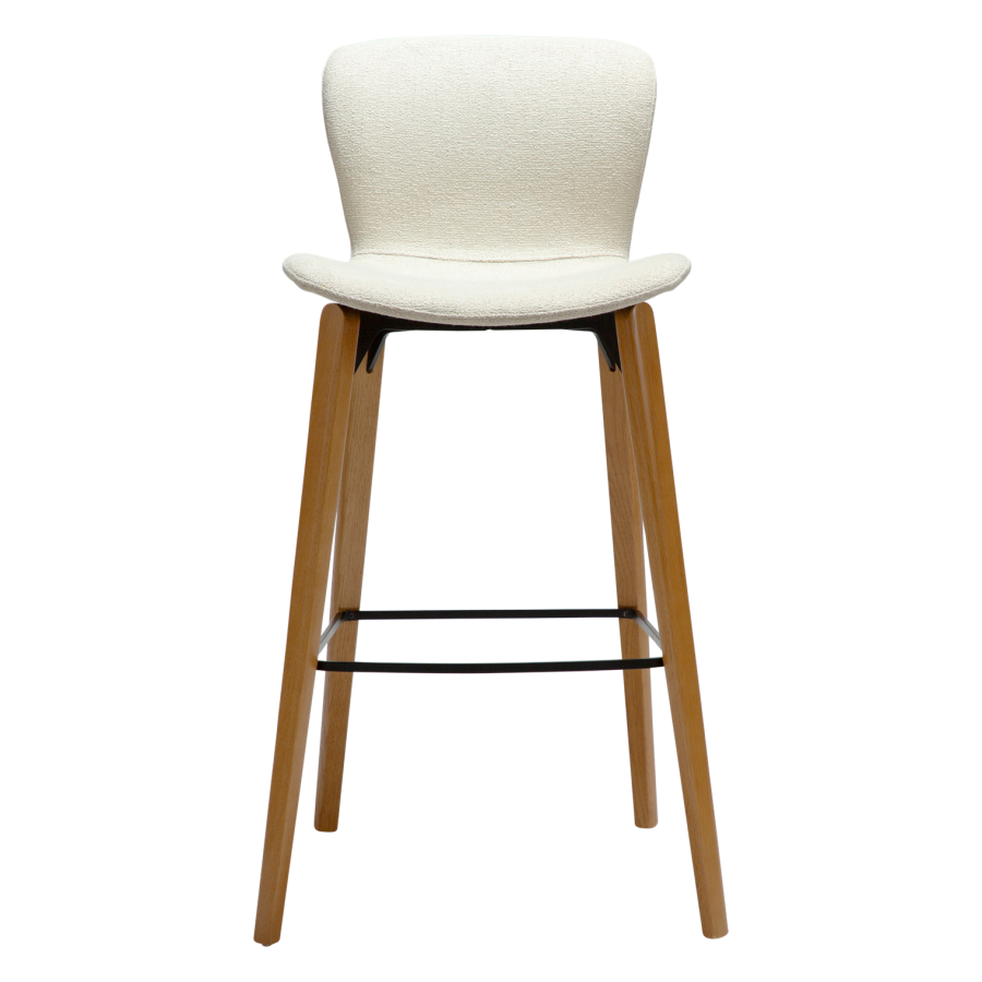 DANFORM Paragon Barhocker, mit Rückenlehne und Fußstütze – cremefarbener Bouclé-Stoff und braunes Eschenholz