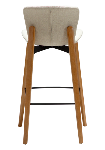 DANFORM Paragon Barhocker, mit Rückenlehne und Fußstütze – cremefarbener Bouclé-Stoff und braunes Eschenholz