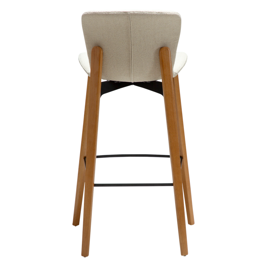 DANFORM Paragon Barhocker, mit Rückenlehne und Fußstütze – cremefarbener Bouclé-Stoff und braunes Eschenholz