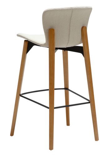 DANFORM Paragon Barhocker, mit Rückenlehne und Fußstütze – cremefarbener Bouclé-Stoff und braunes Eschenholz