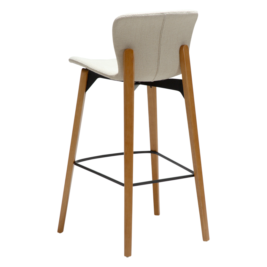 DANFORM Paragon Barhocker, mit Rückenlehne und Fußstütze – cremefarbener Bouclé-Stoff und braunes Eschenholz