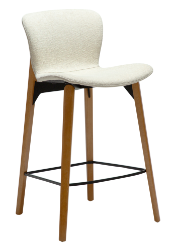 DANFORM Paragon Thekenstuhl, mit Rückenlehne und Fußstütze – cremefarbener Bouclé-Stoff und braunes Eschenholz