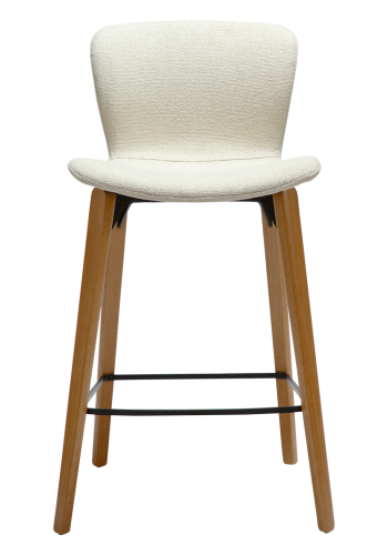 DANFORM Paragon Thekenstuhl, mit Rückenlehne und Fußstütze – cremefarbener Bouclé-Stoff und braunes Eschenholz