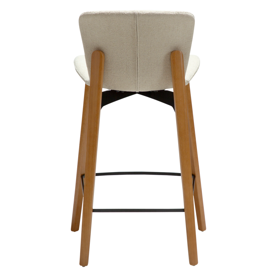 DANFORM Paragon Thekenstuhl, mit Rückenlehne und Fußstütze – cremefarbener Bouclé-Stoff und braunes Eschenholz