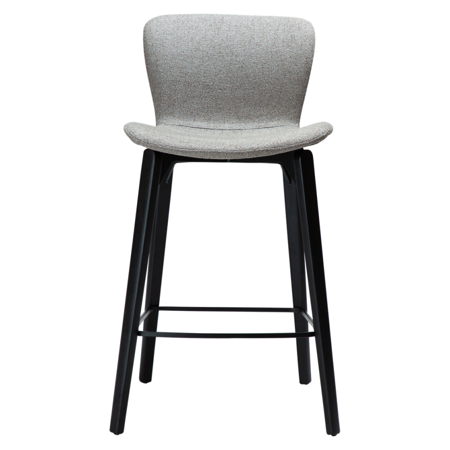 DAN-FORM Paragon Thekenstuhl, mit Rückenlehne und Fußstütze – brauner Bouclé-Stoff und schwarzes Eschenholz