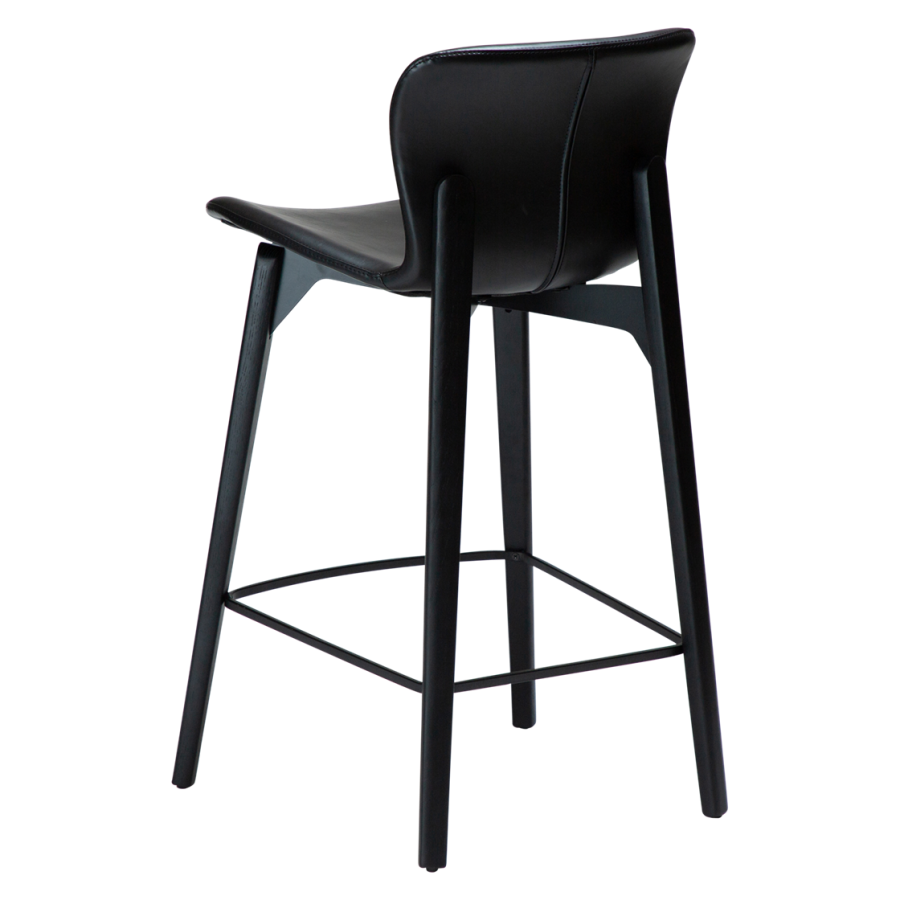 DAN-FORM Paragon Thekenstuhl, mit Rückenlehne und Fußstütze – Vintage schwarzes Kunstleder und schwarzes Eschenholz