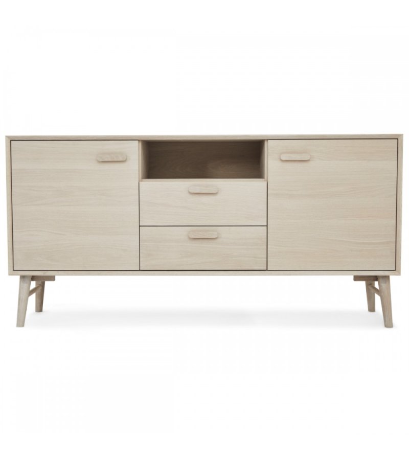 Porto Kleines Sideboard, m. 2 Türen, 2 Regalen, 2 Schubladen, 1 Fach - weiß geöltes Eichenfurnier und Holz (160x42)