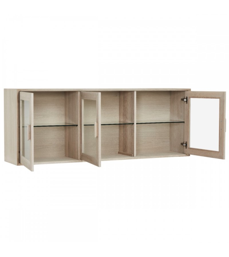 Porto Lite veggskap, m. LED-lys, 3 glassdrer, 3 glasshyller - hvitoljet eikefiner og eik