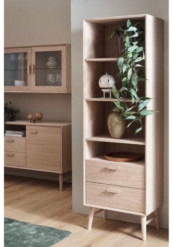 Porto bokhylle, m. 3 hyller og 2 skuffer - hvitoljet eikefiner og tre