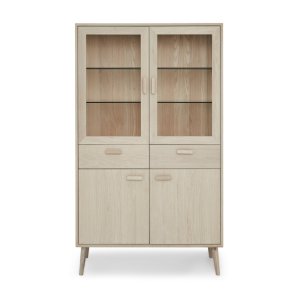 Postkontor vitrineskap, m. LED-lys, 4 drer, 2 skuffer, 6 hyller - glass, hvitoljet eikefiner og tre